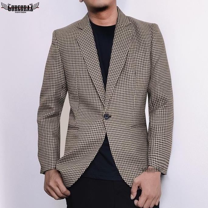 jas pria slimfit blazer pria tartan coklat susu realpic gorgoraz casual formal keren murah