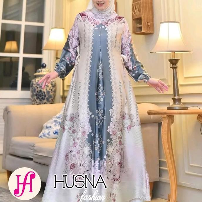 MEDINA DRESS/GAMIS Pesta SILK PREMIUM MOTIF PRINT JUMBO Muslim Wanita Kantong Nyaman kain Maxmara Te