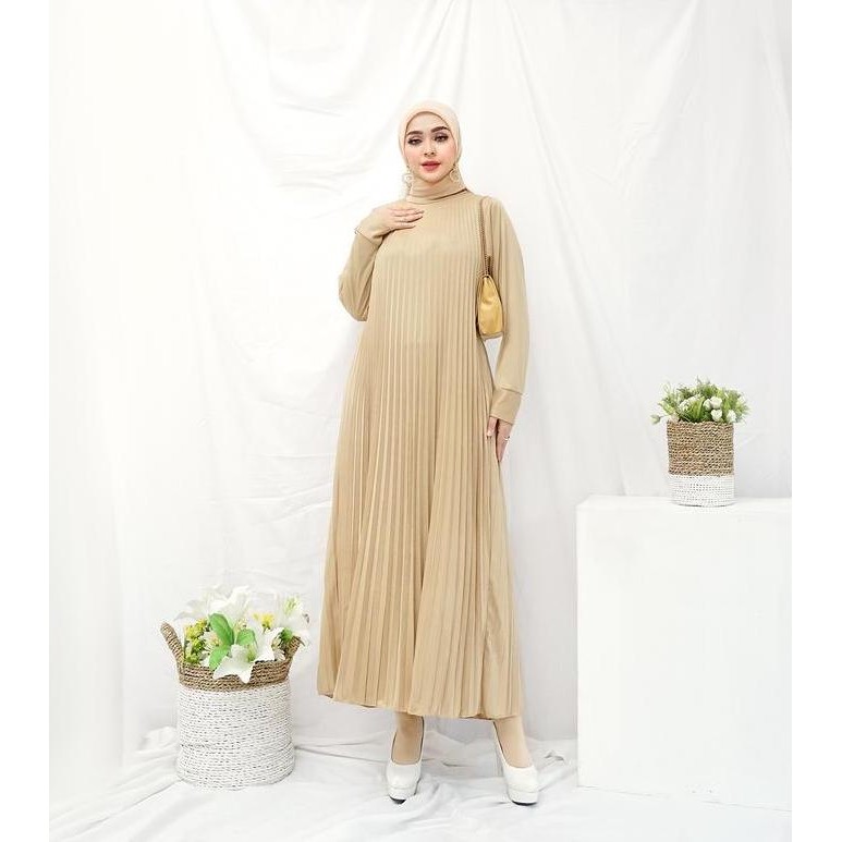 Dress Wanita Maxi Plisket Lengan Panjang / Gamis Plisket / Dress Pleats / Gamis Lengan Panjang