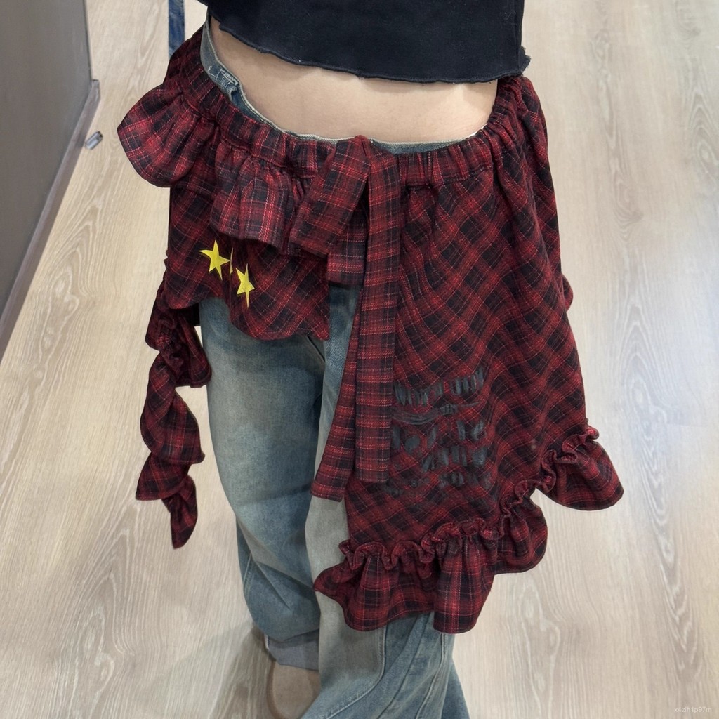 Women's Original Plaid Irregular Skirt Layerable Tie Short Skirt Butt Curtain