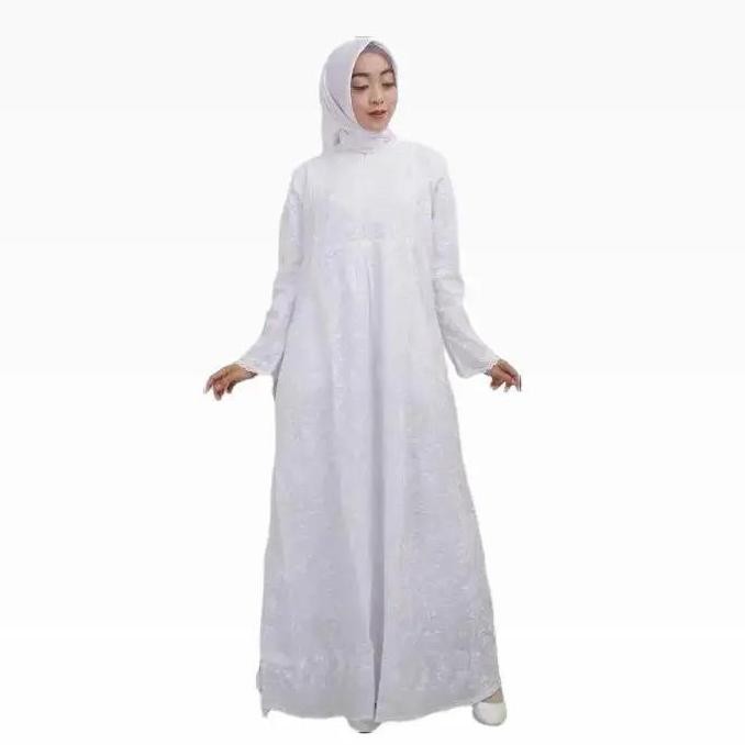 Baju Gamis Wanita Kantong Samping Putih Dan Hitam Bahan Katun Bordir Premium, Gamis Haji Umroh KS Ka