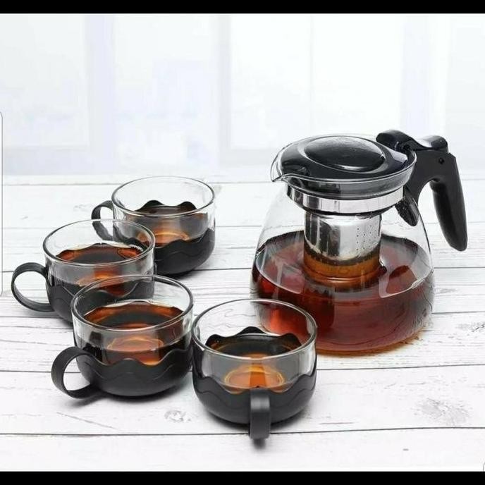 siap kirim] Teapot Set Beling Kaca Bening Cangkir Kopi Teh Ocha Gagang Resto Cafe