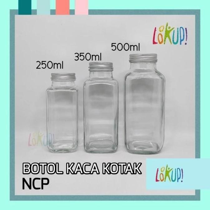 *#*#*#] Botol Kaca Segi Kotak Tutup Stainless Aluminium 350ML Minuman Jus Susu