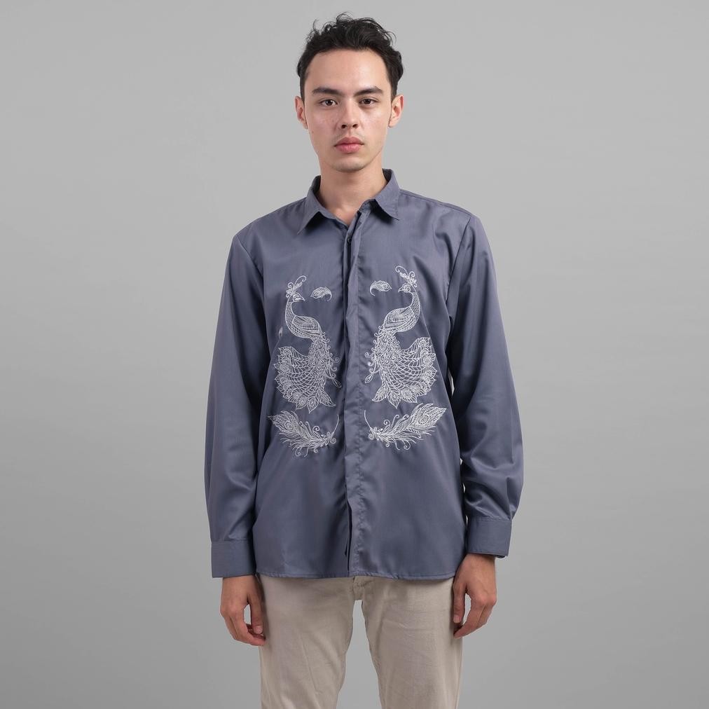 Promo Dgm Kemeja Pria Lengan Panjang Premium Grey Toyobo Bordir Naga 1905 Diskon