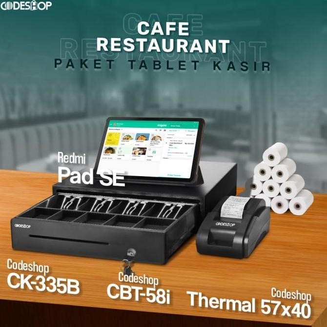 

HARGA DISC - Paket Tablet Kasir + Printer Thermal Codeshop CBT-58i + Laci Kasir Codeshop CK-415 + 10 Roll Codeshop Thermal 57x40 | Cafe & Restoran