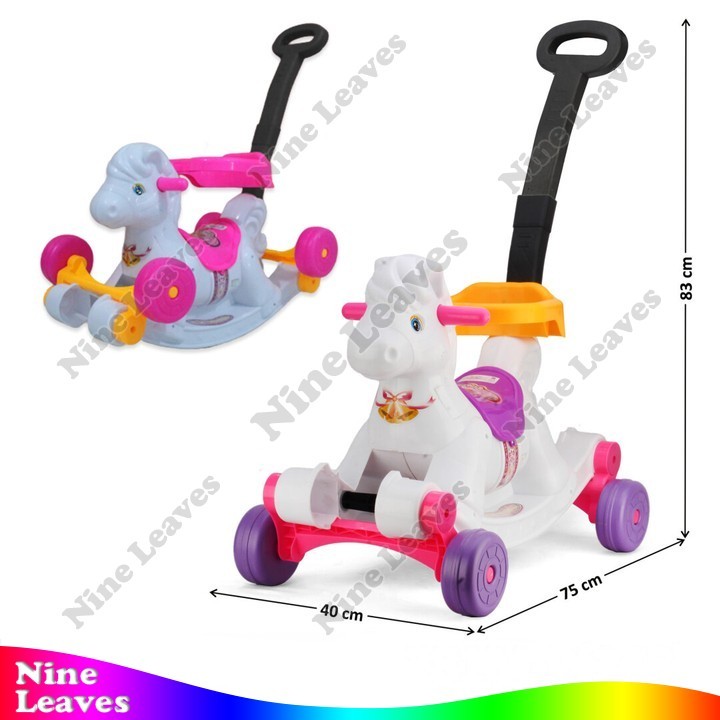 Tunggangan Dorong 2 In 1 Jungkat Jungkit Kuda Putih B/O Musik Suara Lampu Mainan Anak Dorongan Mobil