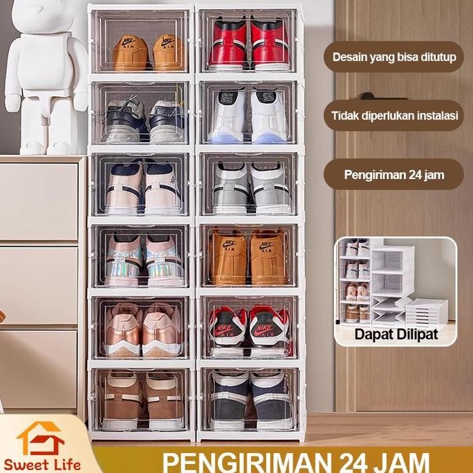 Kotak Sepatu Lipat 6 Lapis Penyimpanan Transparan Anti Oksidasi Rak Sepatu Coklat Hitam Abu-abu Puti