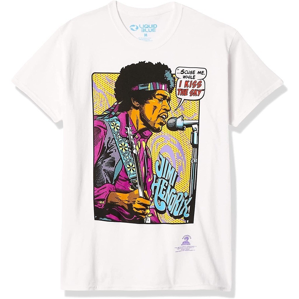 Kaos Liquid Blue Jimi Hendrix Pop Art 'Scuse Me While I Kiss The Sky T-Shirt Baju Unisex Vintage 100