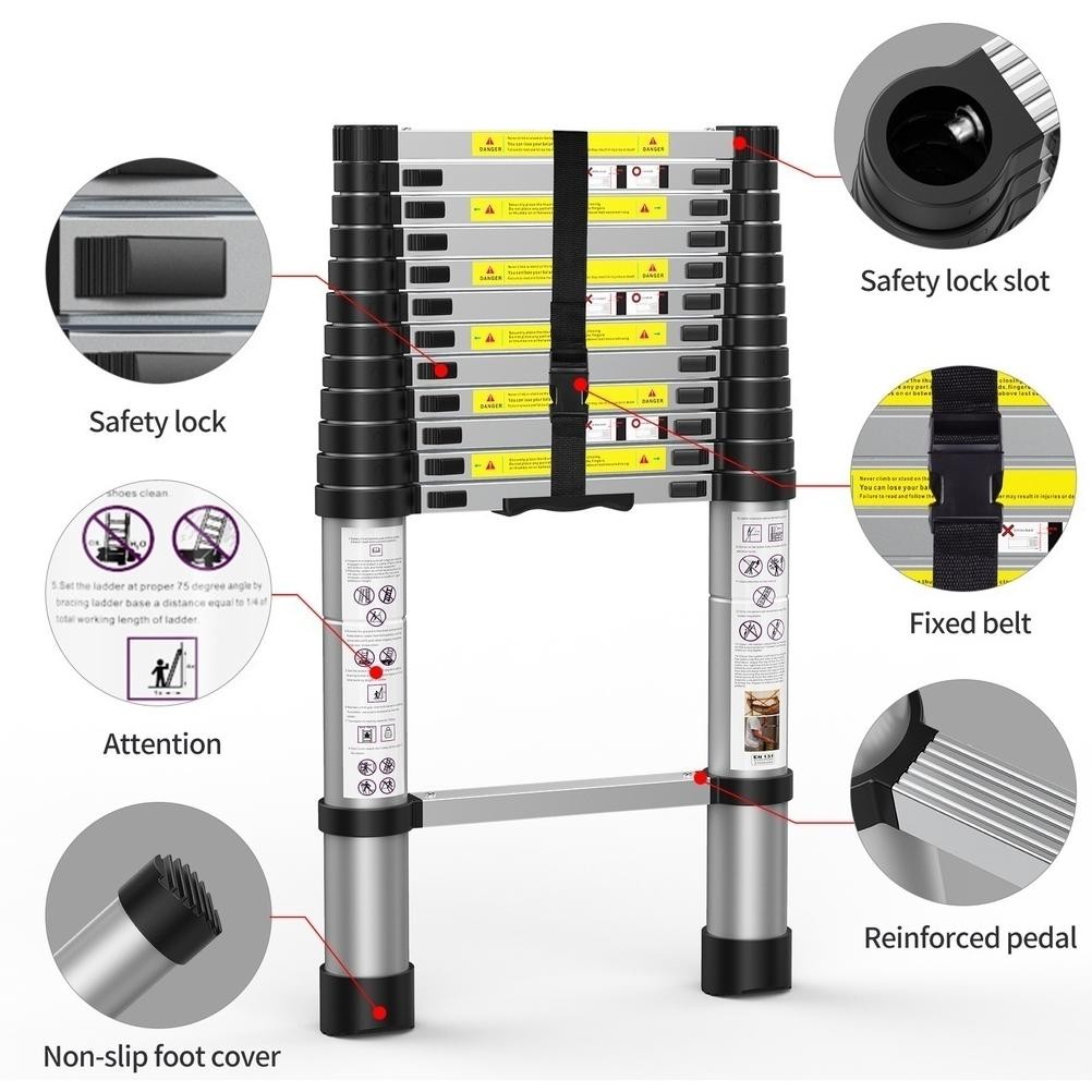 ND Tangga Lipat Alumunium Tangga Teleskopik Multifungsi 2.7M-5.1M Tangga Lipat Teleskopik Tangga Lur