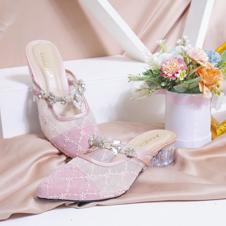 Anastie Amelia - Sendal Wanita | Sendal Pesta |  Heels | Hak kaca 3cm | Mutiara | Brukat | Sendal Wa