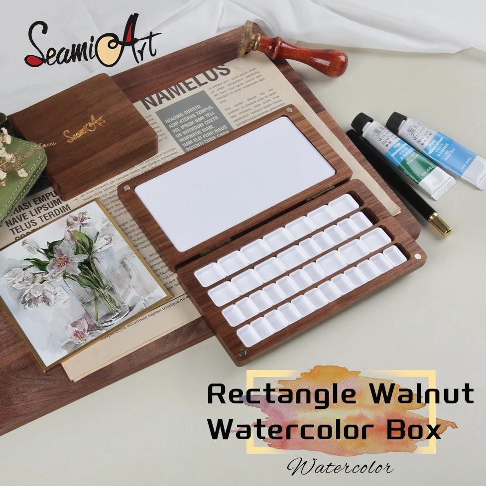 

Seamiart 1Pc Black Walnut Wood Rectangle Painting Box With Palette Half Pans For Watercolor Subpackage Storage Art Supplies