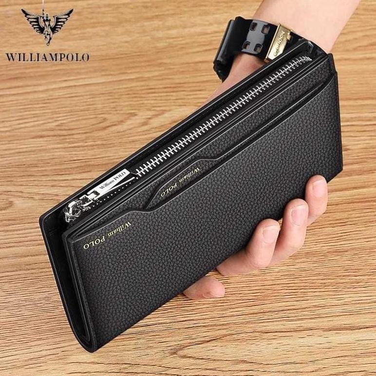 WilliamPolo Gaya Baru Fashion Pria Dompet Kulit Asli Kapasitas Tinggi Merek Ritsleting Tas Long