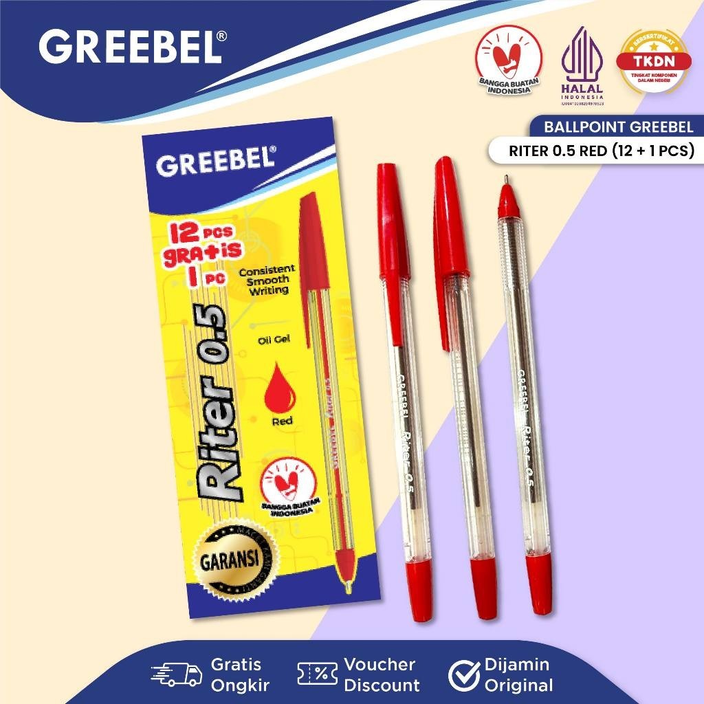 

GREEBEL Pulpen GREEBEL / Pulpen Set Alat Tulis / Pena Set / Greebel Ball Pen Riter Red (12+1)