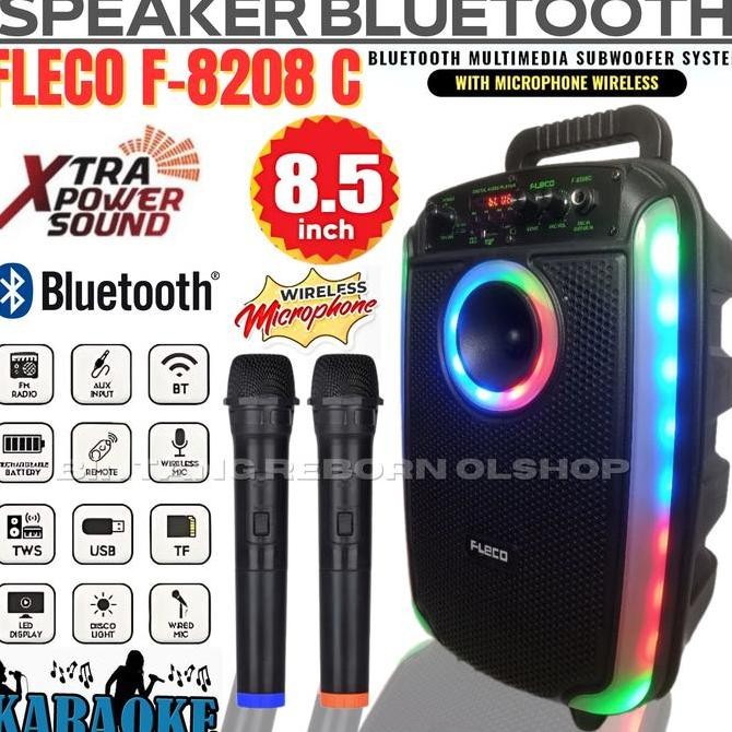 Speaker Bluetooth Fleco F-8208 A/B/C 8'5 Inch Free 2 Mic Wireless Karaoke + Remote + Kabel Usb - Spe