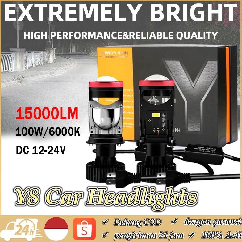 Ready ya,cod Y8 H4 LED Lampu Auto H4 Lampu LED Mini Proyektor Lensa 6000K Super Terang 15000LM Tingg