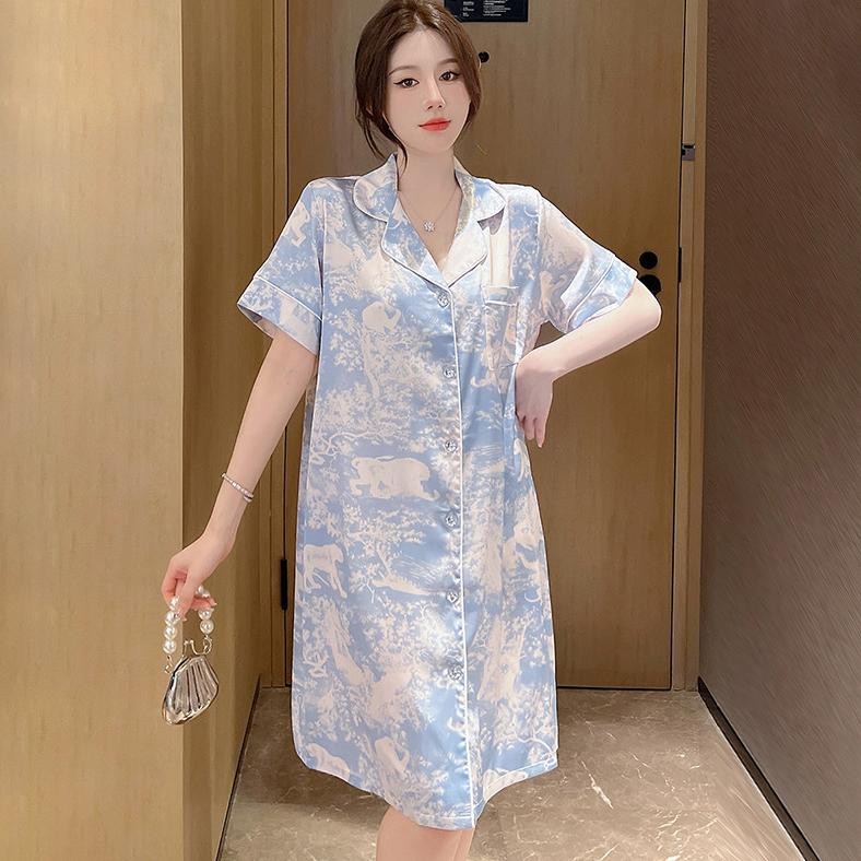 Ready 2025 Ink Jungle Printing Es Sutra Baju Tidur Rok Panjang Wanita Rok Piyama Kemeja Sutra Bernil