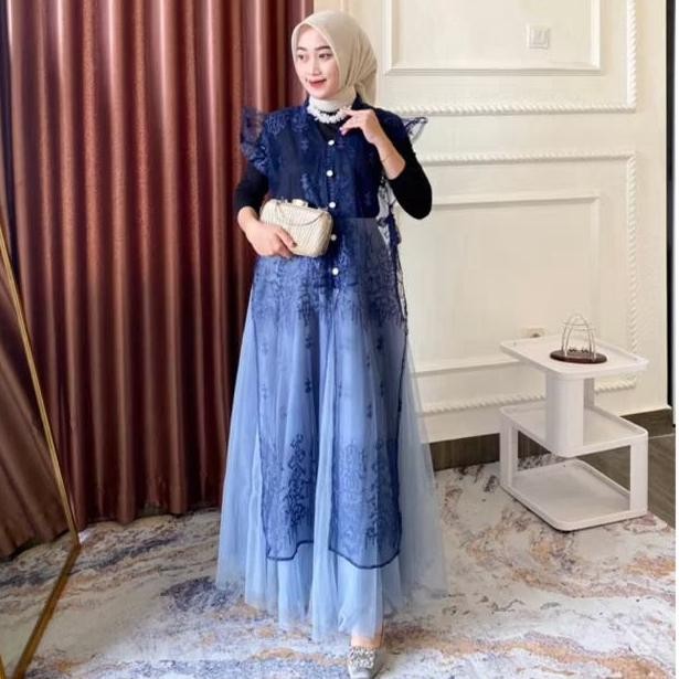 Outer Tunik Brokat Mewah Outer Anggun Tangan Pendek Tunik Kondangan Atasan hari Raya Wanita Dewasa