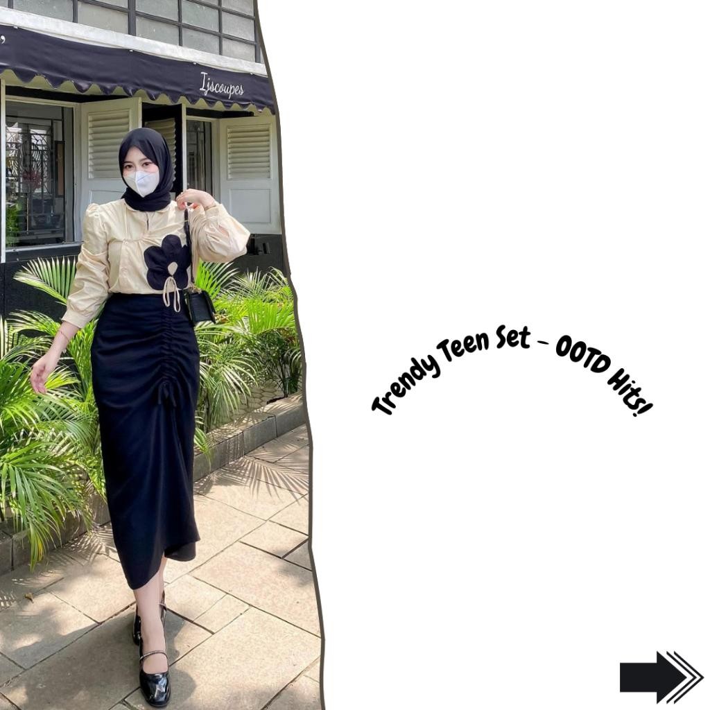 One Set Ootd Kekinian Wanita 3In1 Hijab Pashmina Ceruty Premium & Atasan Kemeja Bunga || Rok Serut