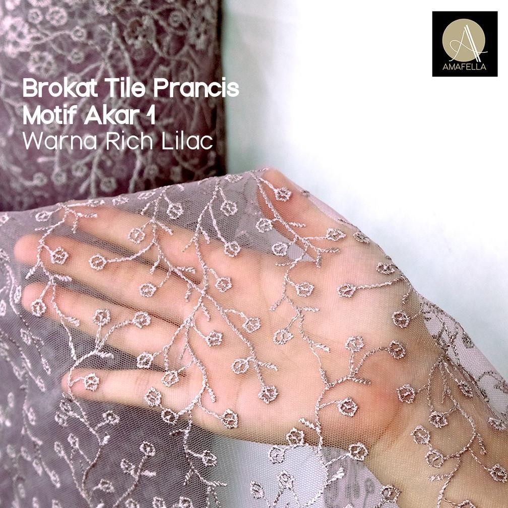SY 1/2 Meter Kain Brukat Brokat Tile Prancis Bahan Kebaya Motif Akar Warna Ungu Rich Lilac