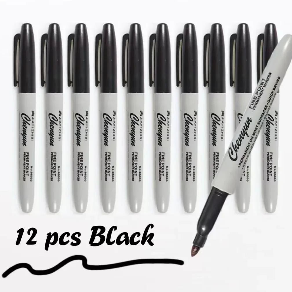 

12Pcs Black Permanent Marker Pens, Fine Tip, Waterproof, Quick Drying