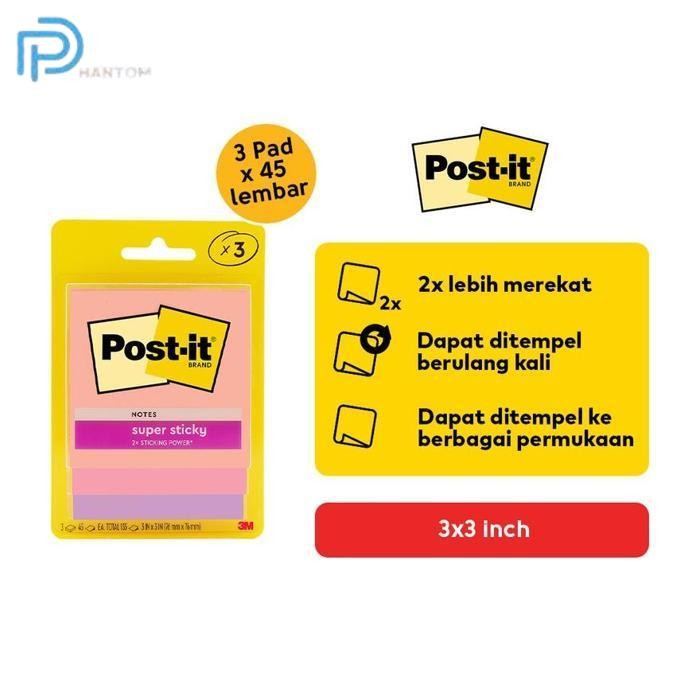 

BARU POST-IT 3M SUPER STICKY NOTES 3X3" 45LEMBAR (ISI 3 PAD) 3321-3SSJP FLA