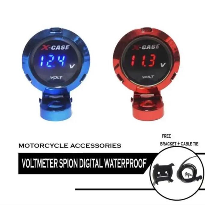 Voltmeter Aki Digital Bulat, LED Plus Breket, Dudukan Spion, Universal