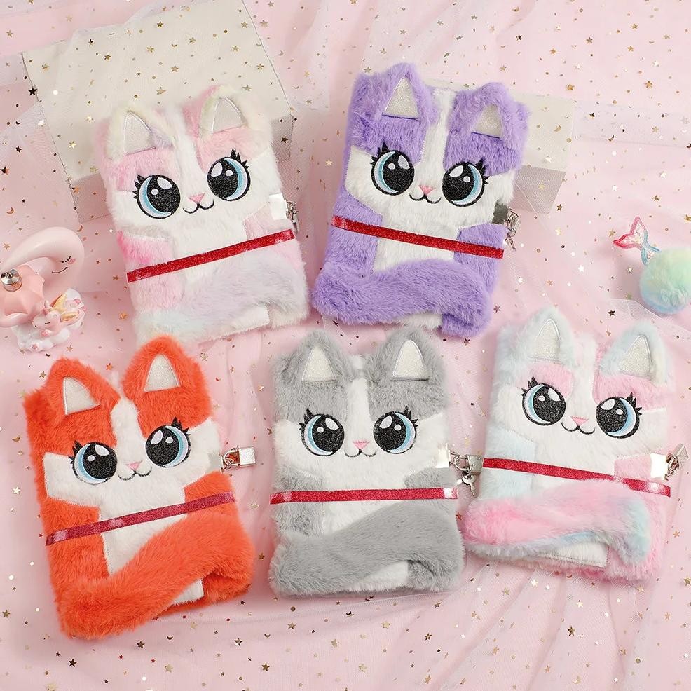 

A5 Plush Kawaii Kitty Notebook Cute Cartoon Cat Diary With Lock Kawaii Cat Ear Plush Notebook Fox Diary Book School Stationery
