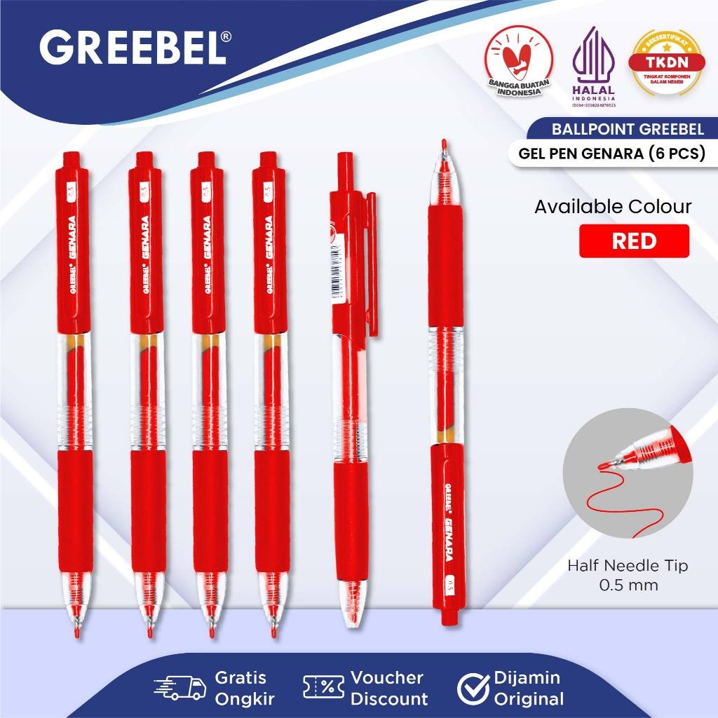 

GREEBEL Pulpen Gel / Gel Pen GP-508 Genara 0.5 Merah (6PCS/SET) Ballpoint Bolpen Bolpoin Pena Gel
