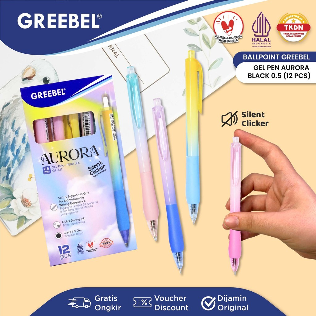 

GREEBEL PULPEN GEL PASTEL / Gel Pen GP-511 Aurora 0.5 Hitam (12PCS/SET) / Bolpen Lucu Ballpen Gel Ballpoint Pena Gel