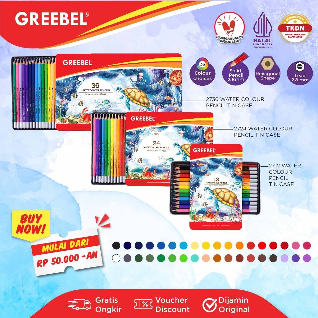 

GREEBEL Pensil Warna / Colored Pencil / Watercolor Tin Case / Warna Lebih Nyata