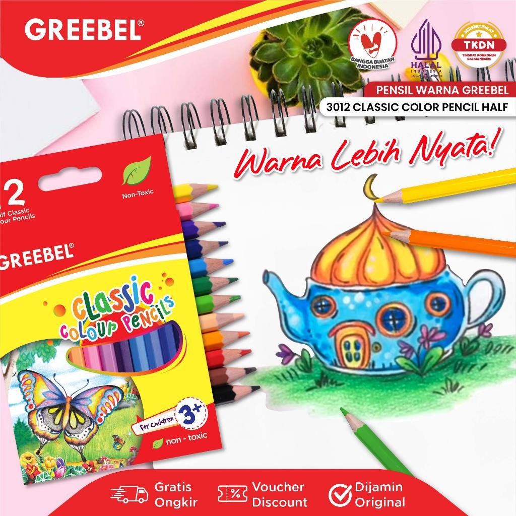 

GREEBEL Pensil Warna (3012 Half) Classic Color Pencils 12 Warna / Coloring / Pencil warna Grebel / Pensil warna Aman untuk Anak