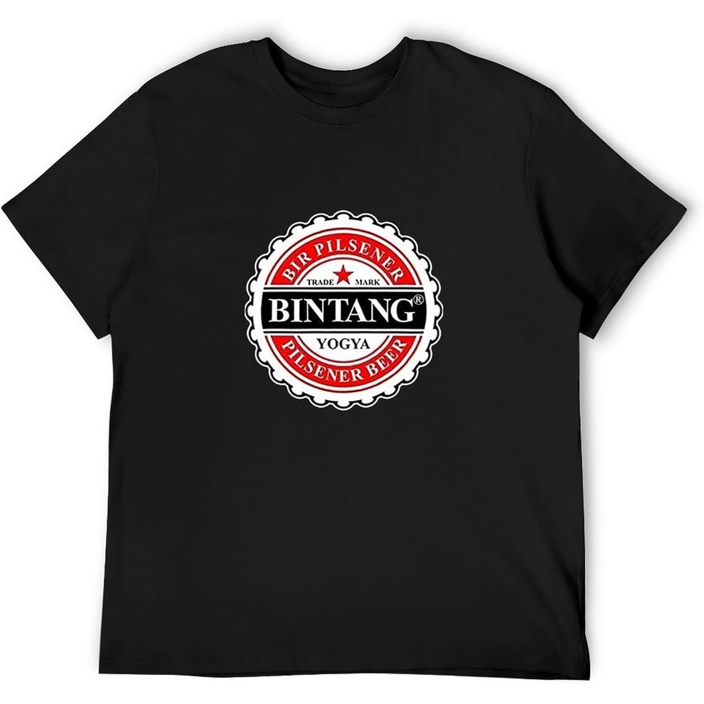 Atasan Motif Grafis Bir Bintang Bali untuk Pria Kaos Leher Bulat Kasual Hitam