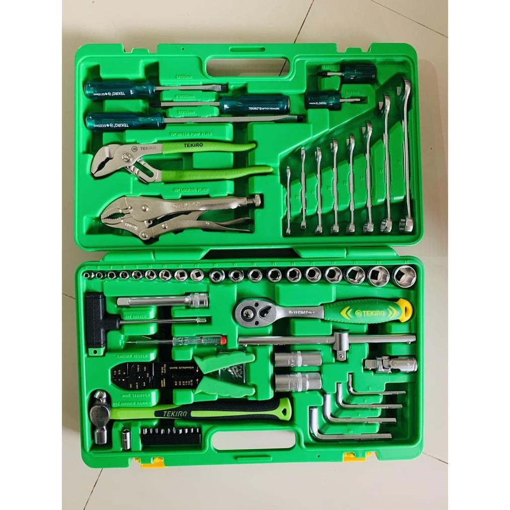 TERLARIS TEKIRO 100 Pcs Mekanik Tool Box Set Stang Gagang Mata Obeng Kunci Sok L Busi Rachet Sleding