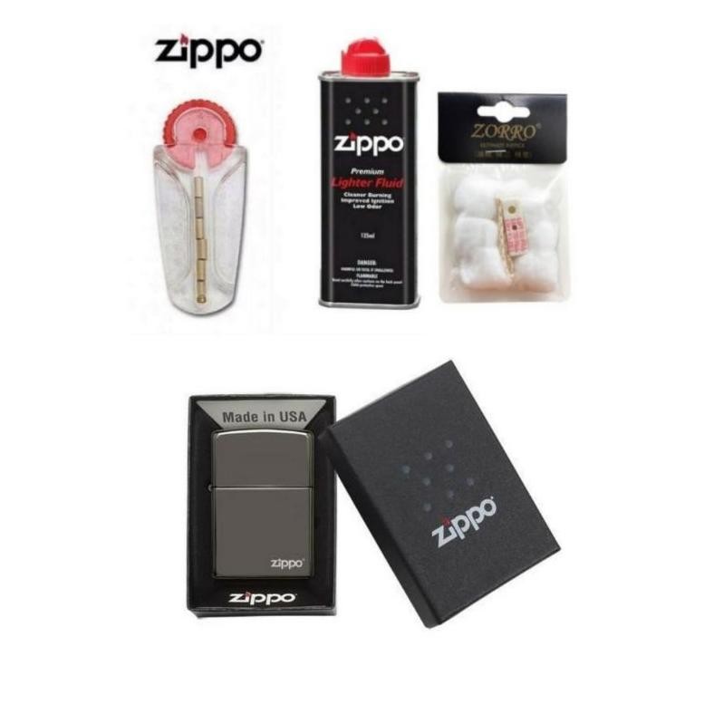 Paket Komplit Korek Zippo Black Ice Plus Minyak Zippo Batu Zippo Kapas Dan Sumbu
