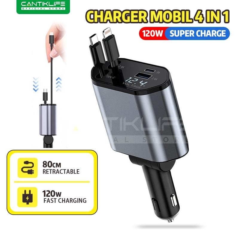 MERBAU Cantiklife Car Charger 120W  Pengisian Super Cepat 4-in-1 dengan Kabel Fleksibel Port Pengisi