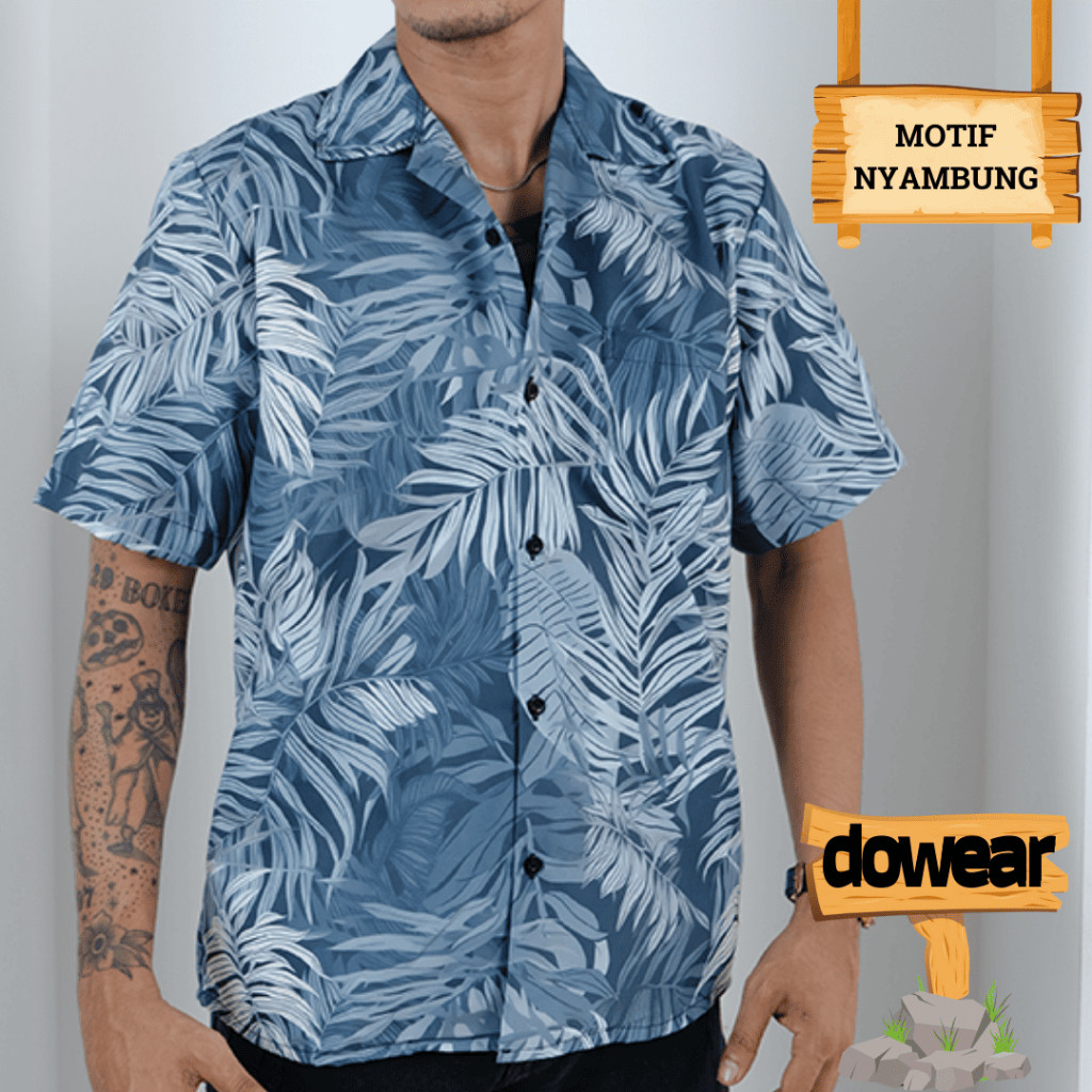 Dowear Baju Kemeja Motif Kekinian Cowok Cewek Bali Pantai Surfing Hawai Jumbo DAUN ABU 078