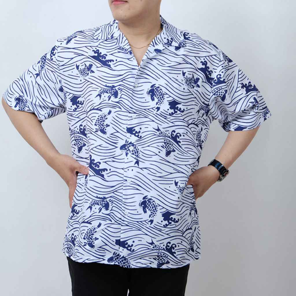 GOKS Baju Kemeja Kekinian Hem Motif Pria Wanita Trend Distro Jumbo Motif Terbaru KOI GARIS 252