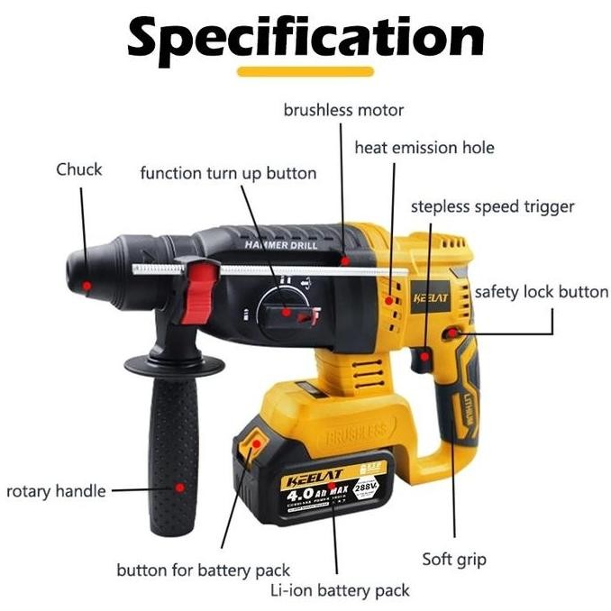 Promo | Reaim 3 Mode Cordless Brushless Rotary Hammer Impact Drill Electric Rechargeable Portable Po