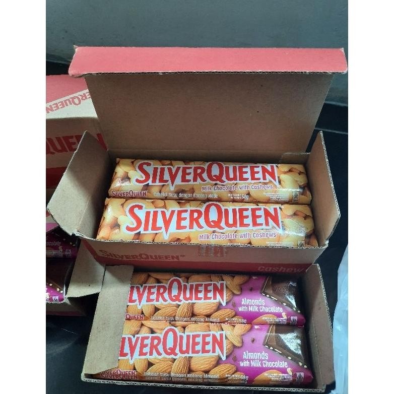 

READY STOK SILVERQUEEN 55gr ex 58gr 1BOX ISI 10PCS , COKLAT CASHEW / ALMOND UKURAN BESAR Siap kirim