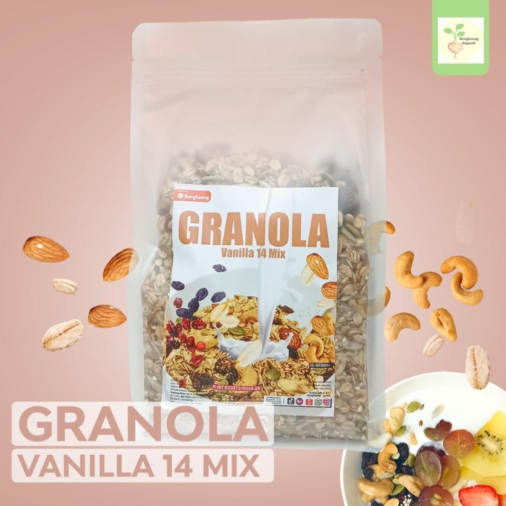 

TERMURAH SUPER GRANOLA 1KG - 14 MIX : VANILLA Rolled Oat, Almond, Cranberry, Pumpkin seed, Cashew , Raisin, Flaxseed Siap kirim