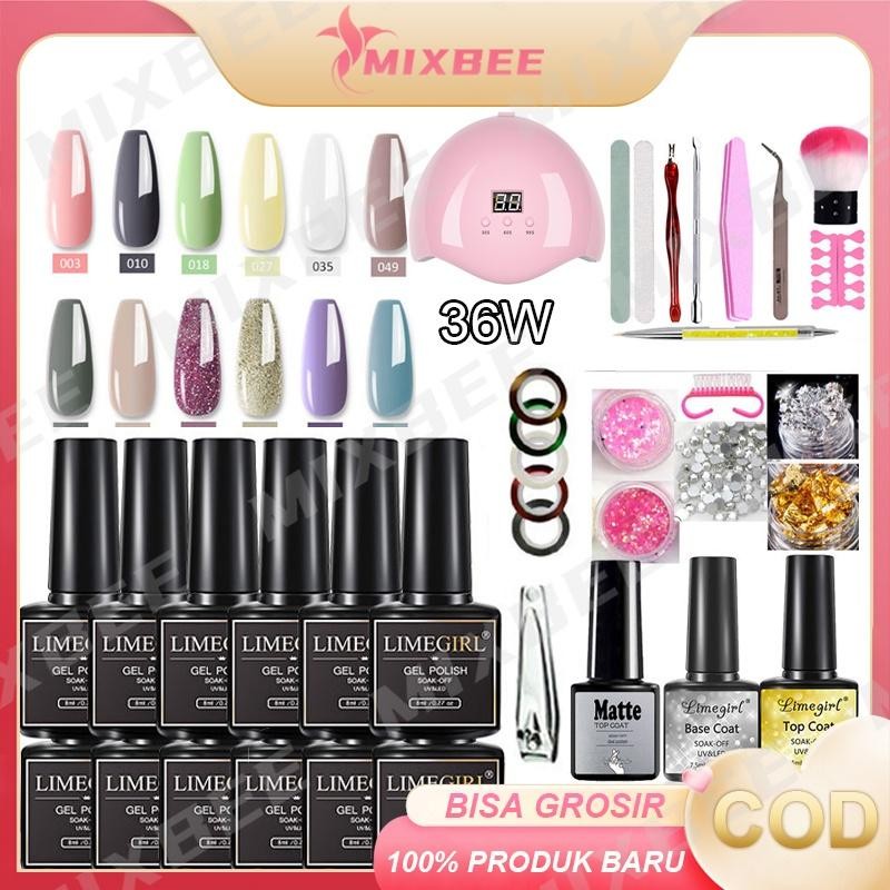 Set Seni Kuku Paket Usaha Nail Gel Lengkap Set Kutek Gel Lampu Kuku Uv 36W 12 Warna Cat Kuku Gel, Se