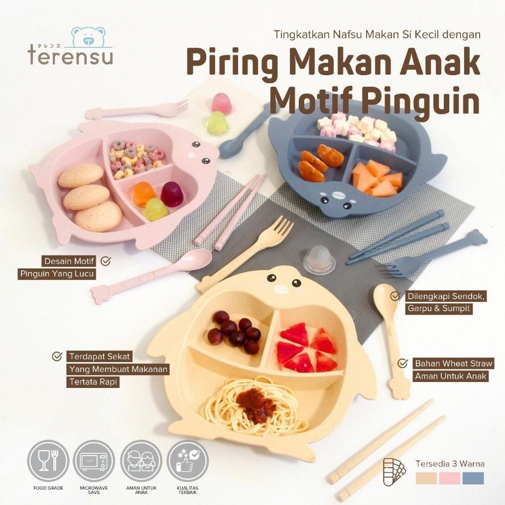 READY STOK terensu Piring Makan Anak + Sendok Garpu Sumpit Motif Pinguin Set Perlengkapan Makan Siap