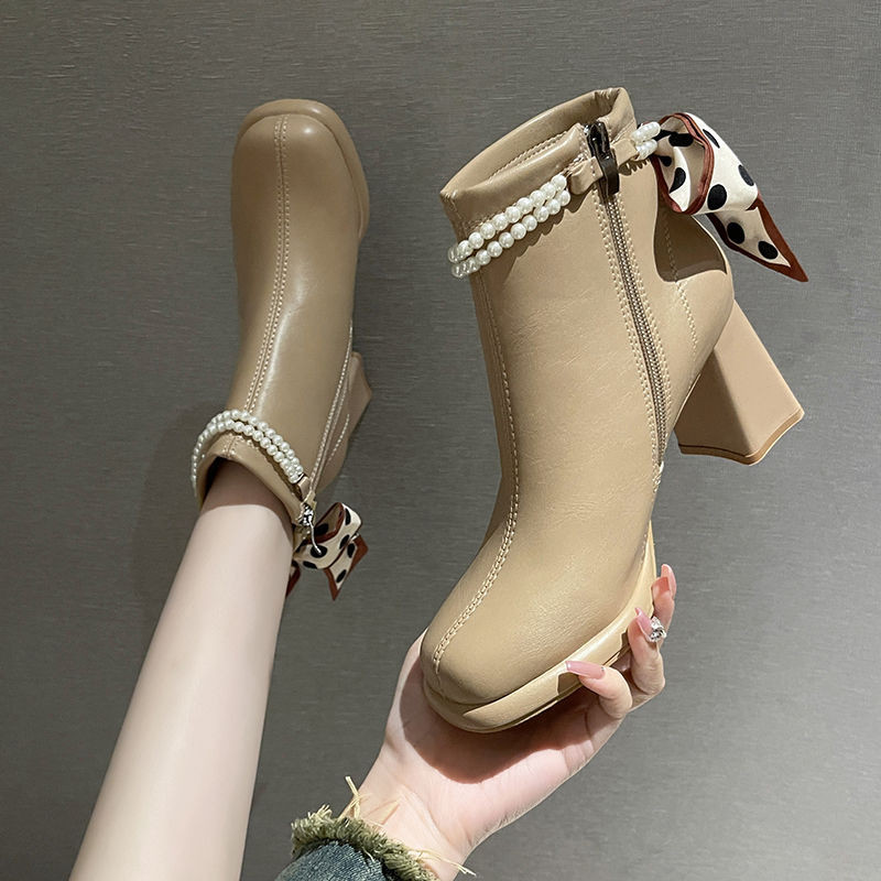 Women's boots, new block heel boots, fleece-lined single boots, waterproof platform heels