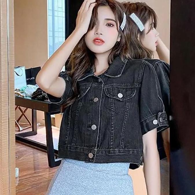 Promo / Terlaris 974 - JAKET JEANS CROP KOREAN GIRLS WANITA LENGAN PENDEK/ JAKET CROP JEANS WANITA L