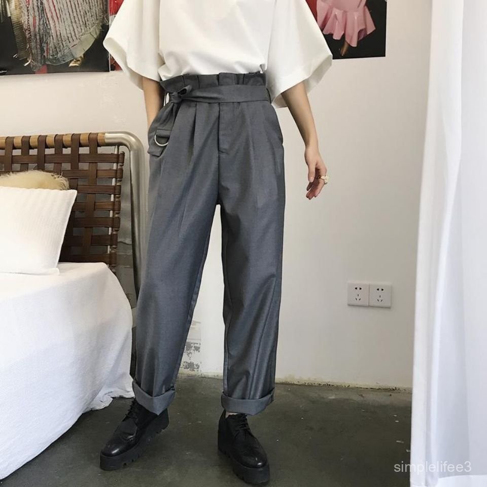 South Korea Dongmen Autumn Original Design Retro High Waist with Belt Slimming High Harem Suit Pants