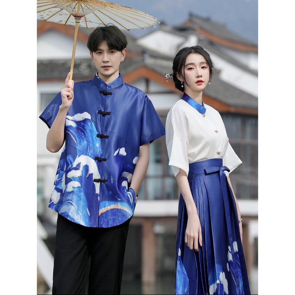 Hanfu Men and Women Mamian Skirt Printed Chinese Style New Chinese Style Couple Set
