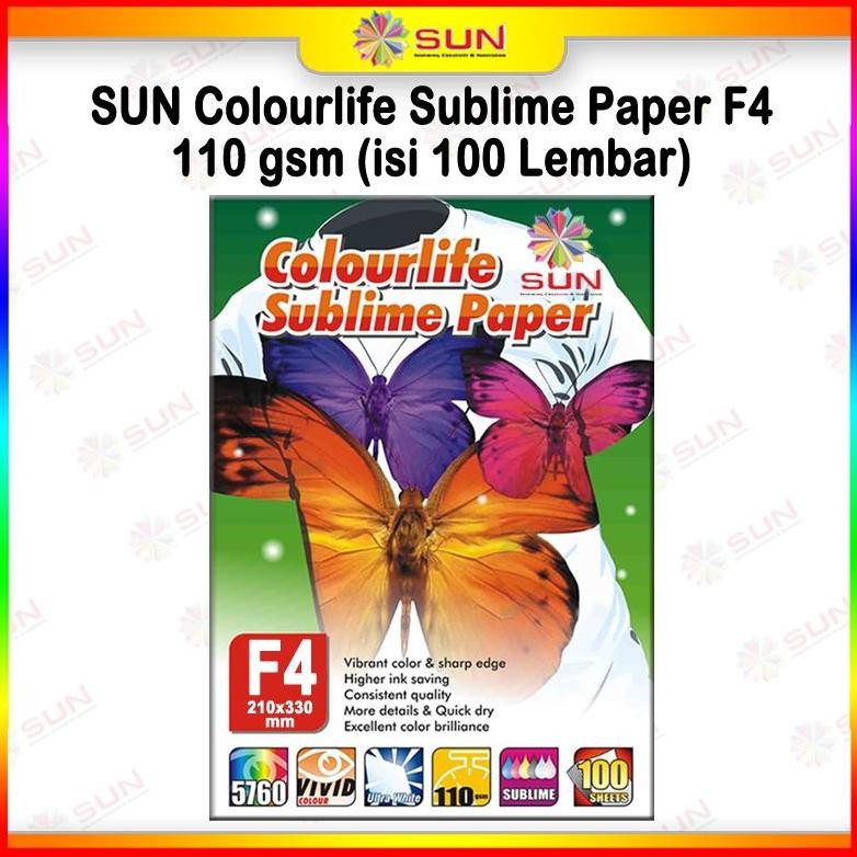 

Berkualitas Kertas Sablon Sublim Transfer Paper F4 110 Gram - SUN Colourlife Sublime Paper F4 isi 100 Lembar ( untuk mesin press mug, mesin press kaos, keramik, piring, topi, plat alumium, puzzle, bantal ) MURAH