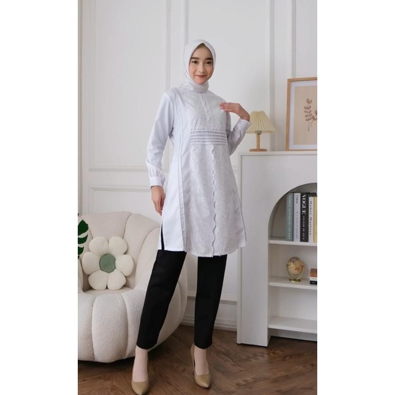 Ready Ambicollection Tunik Allara Atasan Wanita Putih Kerja Kantoran Formal Dan Non Formal