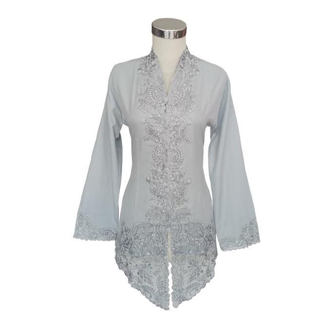 Promo / Terlaris Kebaya Encim Kartini Katun Bordir Modern Abu Silver Lengan Panjang Terbaik