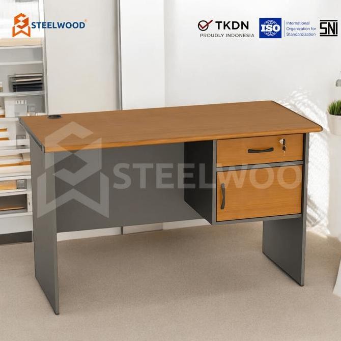 

STEELWOOD || MEJA KANTOR 1/2 BIRO KAYU 1 LACI DAN 1 LOCKER - BEST QUALITY Kualitas Original